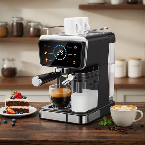 20 Bar Espresso Machine with Automatic Milk Tank & Touch Screen - Semi-Automatic Coffee Maker Suitable for Espresso, Latte, Cappuccino, Removable Water Reservoir Tank, Capacity, Timer, - for, Plug (Black)