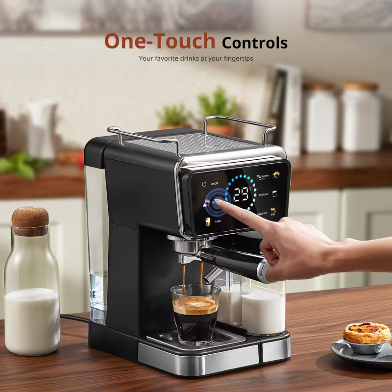 20 Bar Espresso Machine with Automatic Milk Tank & Touch Screen - Semi-Automatic Coffee Maker Suitable for Espresso, Latte, Cappuccino, Removable Water Reservoir Tank, Capacity, Timer, - for, Plug (Black)