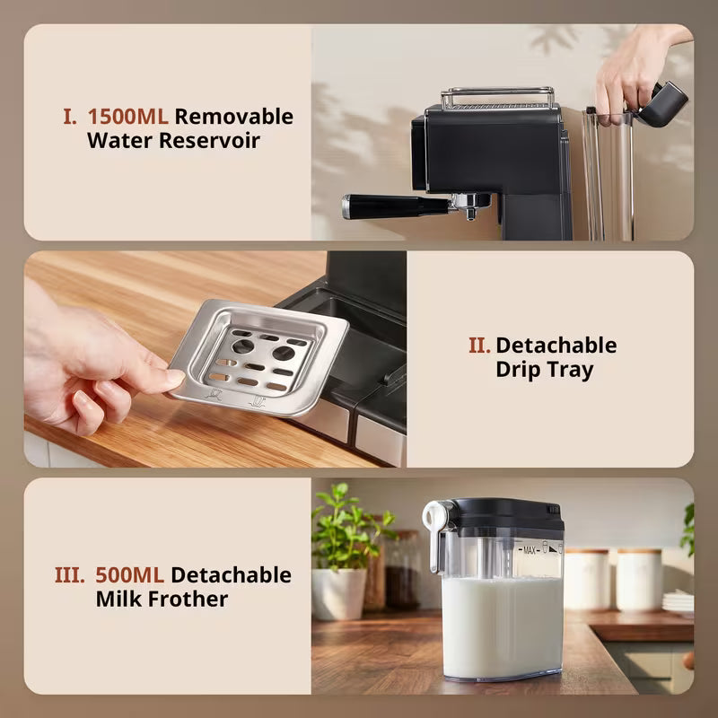20 Bar Espresso Machine with Automatic Milk Tank & Touch Screen - Semi-Automatic Coffee Maker Suitable for Espresso, Latte, Cappuccino, Removable Water Reservoir Tank, Capacity, Timer, - for, Plug (Black)