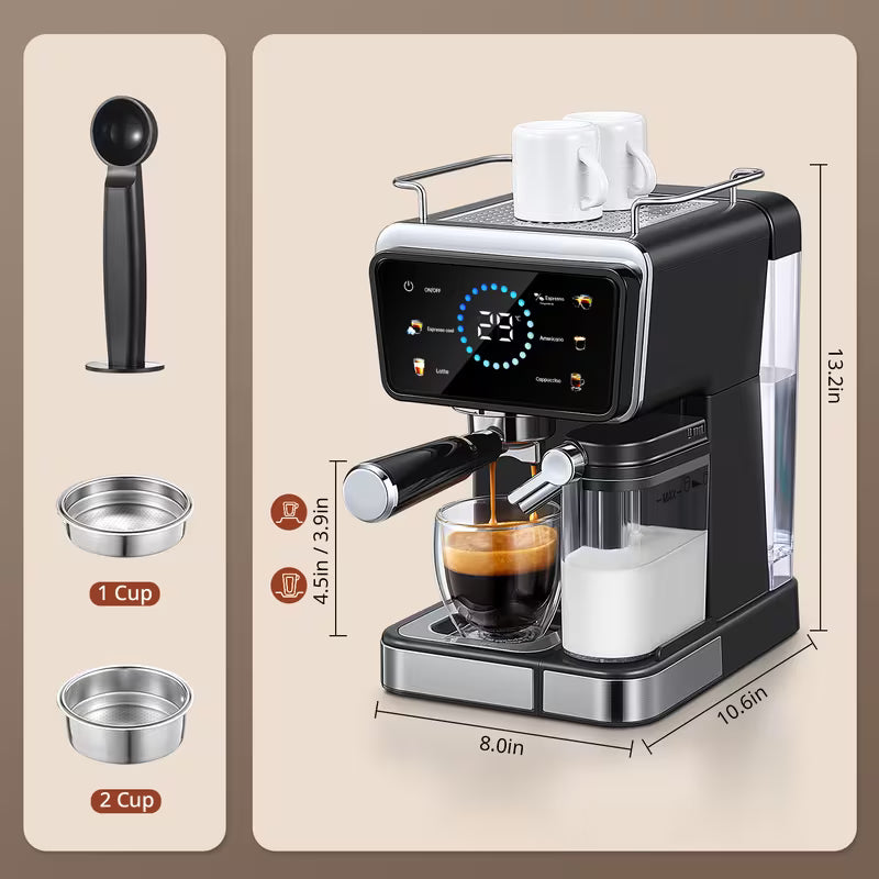 20 Bar Espresso Machine with Automatic Milk Tank & Touch Screen - Semi-Automatic Coffee Maker Suitable for Espresso, Latte, Cappuccino, Removable Water Reservoir Tank, Capacity, Timer, - for, Plug (Black)